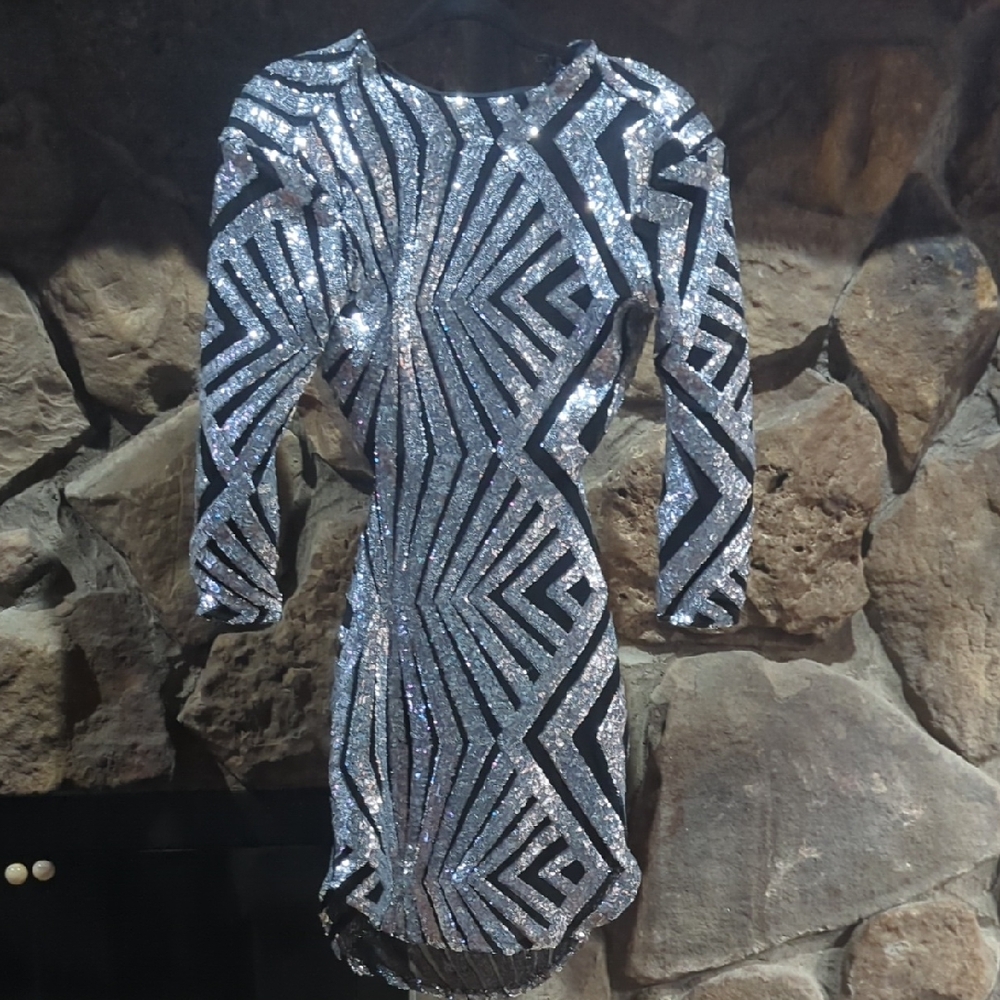 AKIRA Silver and Black Long Sleeve Sequin Dress
